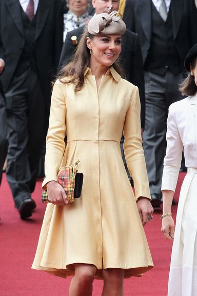 EDINBURGH, SCOTLAND - JULY 05:  Catherine, Duchess of Cambridge leaves St Giles Cathederal after the Thistle Ceremony on July 5, 2012 in Edinburgh, Scotland. Prince William, Duke of Cambridge will today be installed into the historic Order of the Thistle in a ceremony in Edinburgh attended by the Queen and the Duke of Edinburgh.  (Photo by Chris Jackson/Getty Images)