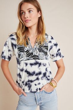 Anthropologie Elle Embroidered Tie-Dye Top