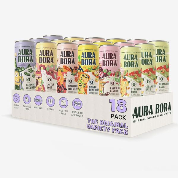 Aura Bora, Variety Pack Herbal Sparkling Water, 12 oz Can (Pack of 18)