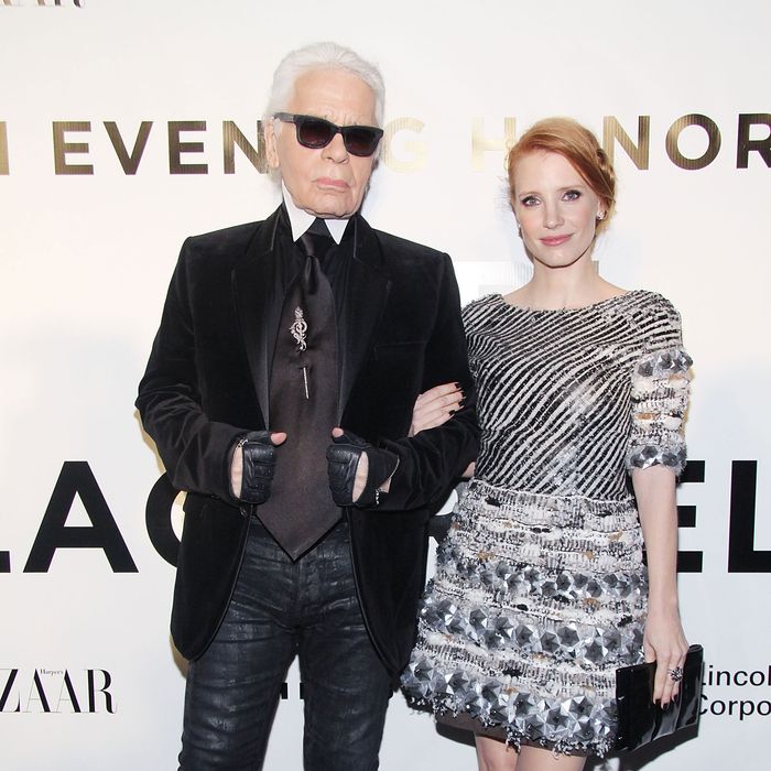 Karl Lagerfeld and Jessica Chastain.