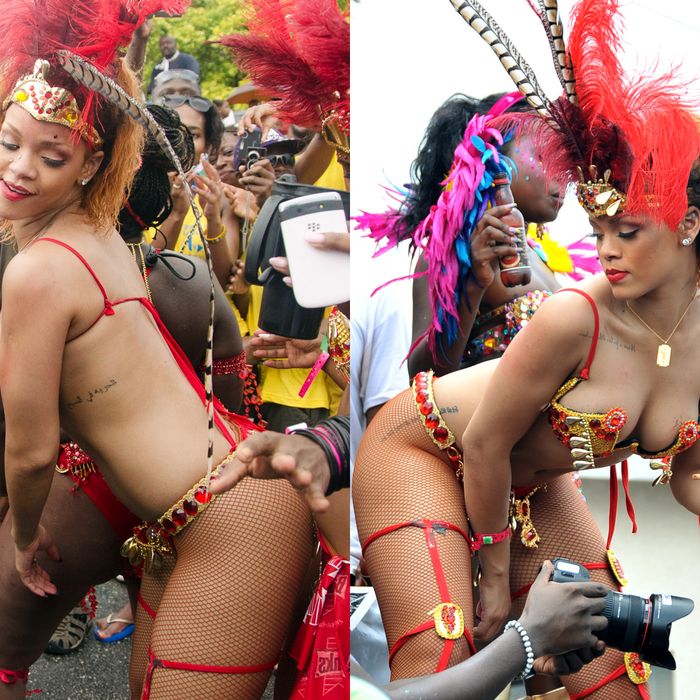 Rihanna, cover girl for the Shape issue of 'Vogue', at the Kadooment Day parade in Barbados yesterday.