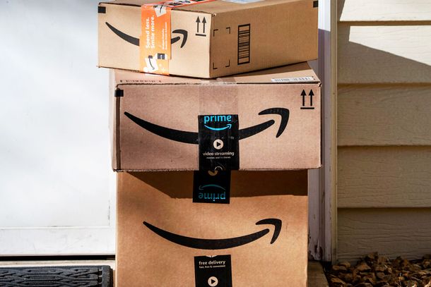 Amazon delivery, packages at residential door, Vadnais Heights, Minnesota.