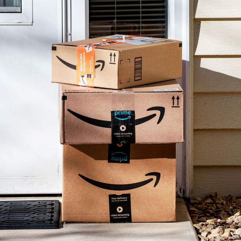 Amazon delivery, packages at residential door, Vadnais Heights, Minnesota.
