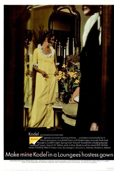 April 20
Megan Draper probably owned a “hostess gown,” made in some space-age fabric like Kodel, and made it look good. This one somehow manages to turn a deeply scooped neckline utterly sexless.