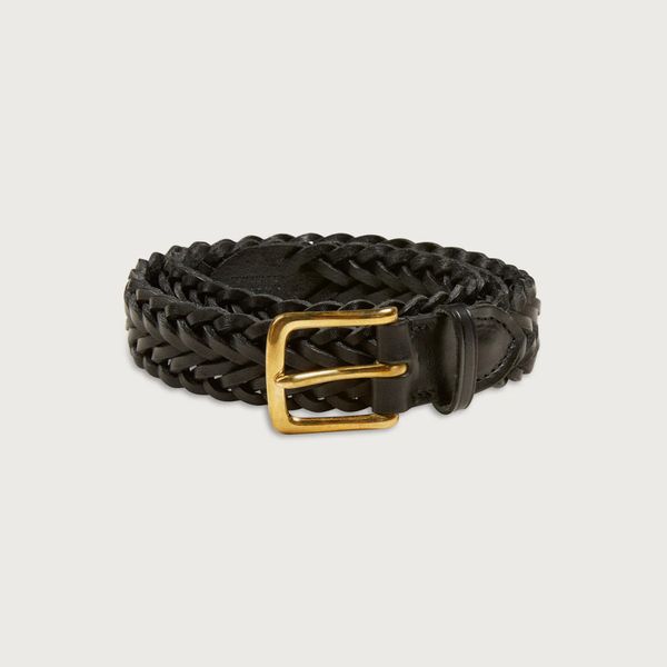 Black braided leather belt from Drake with brass buckle