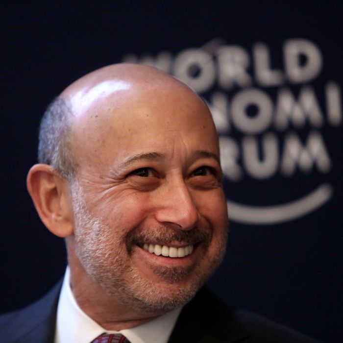 Lloyd Blankfein, chairman and chief executive officer of Goldman Sachs Group Inc., reacts during a session on day three of the World Economic Forum (WEF) in Davos, Switzerland, on Friday, Jan. 25, 2013. World leaders, influential executives, bankers and policy makers attend the 43rd annual meeting of the World Economic Forum in Davos, the five day event runs from Jan. 23-27. 