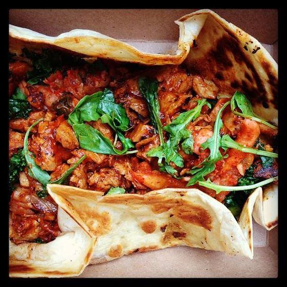 Korean-barbecue seitan, served on a grilled tortilla with chile butter, kimchi, and greens.