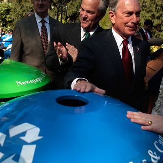 NEW YORK - OCTOBER 27: New York Mayor Michael Bloomberg (2R), accompanied by New York Sanitation Commissioner John J. Doherty (2L), puts his hand on a new recycling bin at a press conference announcing the expansion of the city's recycling efforts October 27, 2008 in New York City. New recycling bins are going to be placed in expanded locations in all five city boroughs. (Photo by Chris Hondros/Getty Images) *** Local Caption *** John J. Doherty;Michael Bloomberg