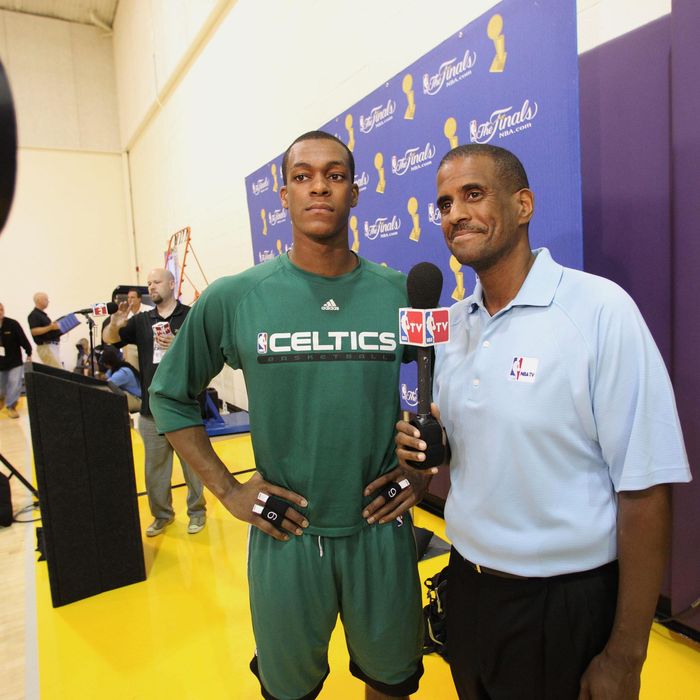 LOS ANGELES - JUNE 5: Rajon Rondo #9 of the Boston Celtics speaks to reporter David Aldridge during media availabilty for the 2010 NBA Finals on June 5, 2010 at Toyota Sports Center in Los Angeles, California. NOTE TO USER: User expressly acknowledges and agrees that, by downloading and/or using this Photograph, user is consenting to the terms and conditions of the Getty Images License Agreement. Mandatory Copyright Notice: Copyright 2010 NBAE (Photo by Nathaniel S. Butler/NBAE via Getty Images)
