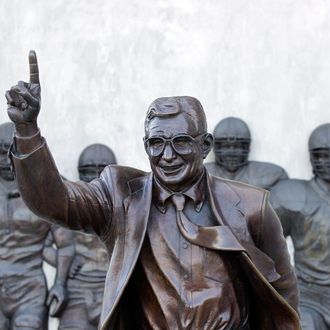 UNIVERSITY PARK, PA - NOVEMBER 08: A statue of Penn State University head football coach Joe Paterno is seen outside of Beaver Stadium on November 8, 2011 in University Park, Pennsylvania. Amid allegations that former assistant Jerry Sandusky was involved with child sex abuse, Joe Paterno's weekly news conference was canceled about an hour before it was scheduled to occur. (Photo by Rob Carr/Getty Images)