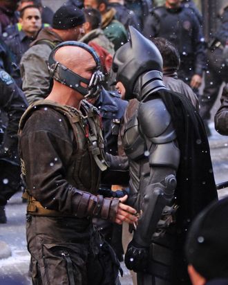 Christian Bale dressed as 'Batman' and his co-star Tom Hardy dressed as the villain 'Bane' pictured filming a fighting scene on the set of 'The Dark Knight Rises' movie outside the Stock Exchange Building in Wall Street, Downtown Manhattan.
<P>
Pictured: Christian Bale and Tom Hardy
<P>
<B>Ref: SPL332783 061111 </B><BR/>
Picture by: Jose Perez / Splash News<BR/>
</P><P>
<B>Splash News and Pictures</B><BR/>
Los Angeles:	310-821-2666<BR/>
New York:	212-619-2666<BR/>
London:	870-934-2666<BR/>
photodesk@splashnews.com<BR/>
</P>
