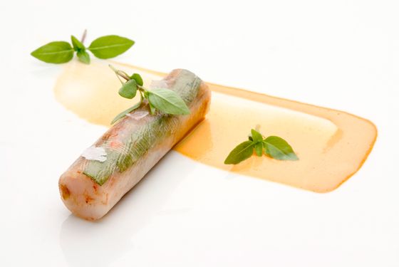 Shrimp cannelloni with Thai basil and chorizo.