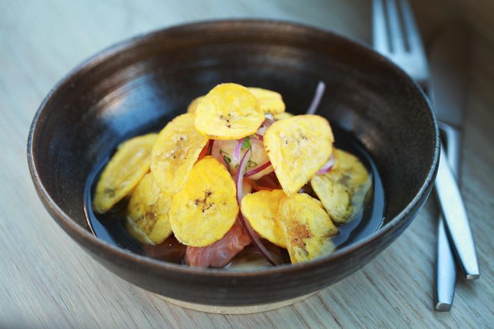 Fluke ceviche with plantain, dashi, ají dulce, red onion, lime, and cilantro.