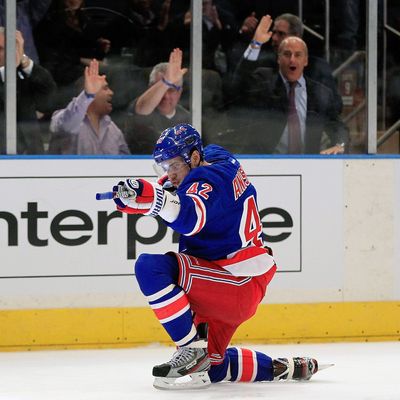 Artem Anisimov #42 of the New York Rangers celebrates scoring a goal in the second period against the Tampa Bay Lightning at Madison Square Garden on December 8, 2011 in New York City.