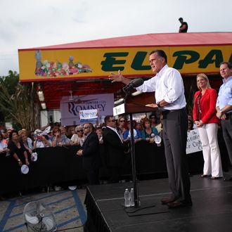 MIAMI, FL - AUGUST 13: Republican presidential candidate and former Massachusetts Governor Mitt Romney speaks during a campaign rally at Palacio De Los Jugos on August 13, 2012 in Miami, Florida. Mitt Romney continues his multi state bus tour after announcing Rep. Paul Ryan (R-WI) as his running mate. (Photo by Justin Sullivan/Getty Images)