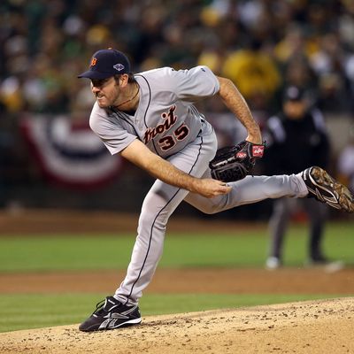 Justin Verlander #35 of the Detroit Tigers pitches against the Oakland Athletics during Game Five of the American League Division Series at Oakland-Alameda County Coliseum on October 9, 2012 in Oakland, California.