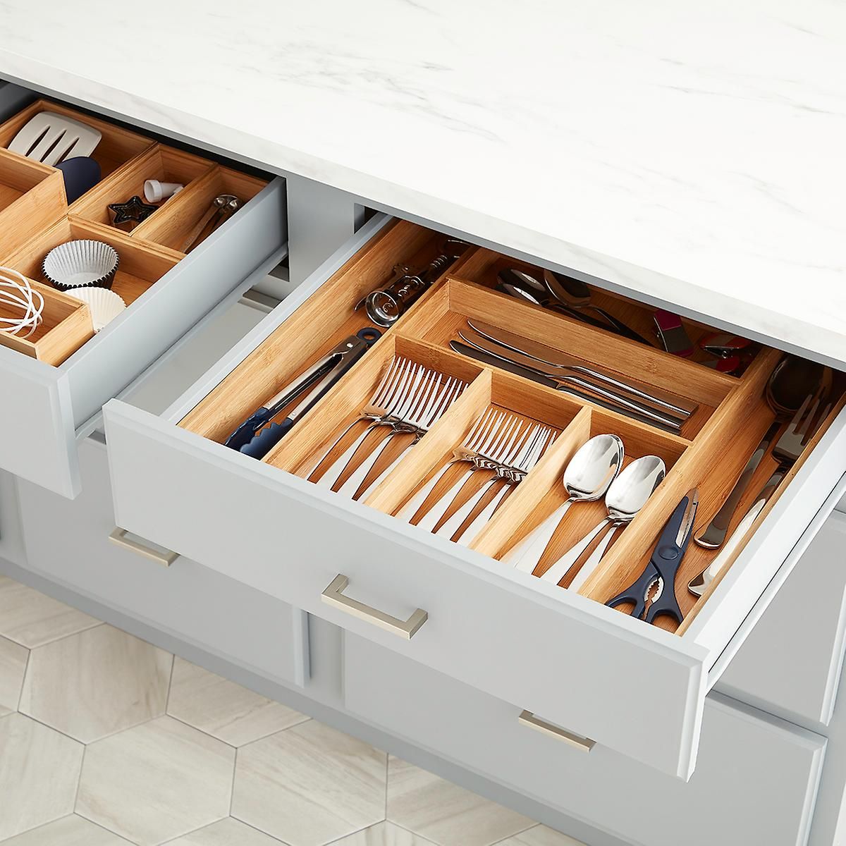 Bamboo Kitchen Drawer Organizer Utensil Holder Cutlery Tray Drawer Dividers Flat 