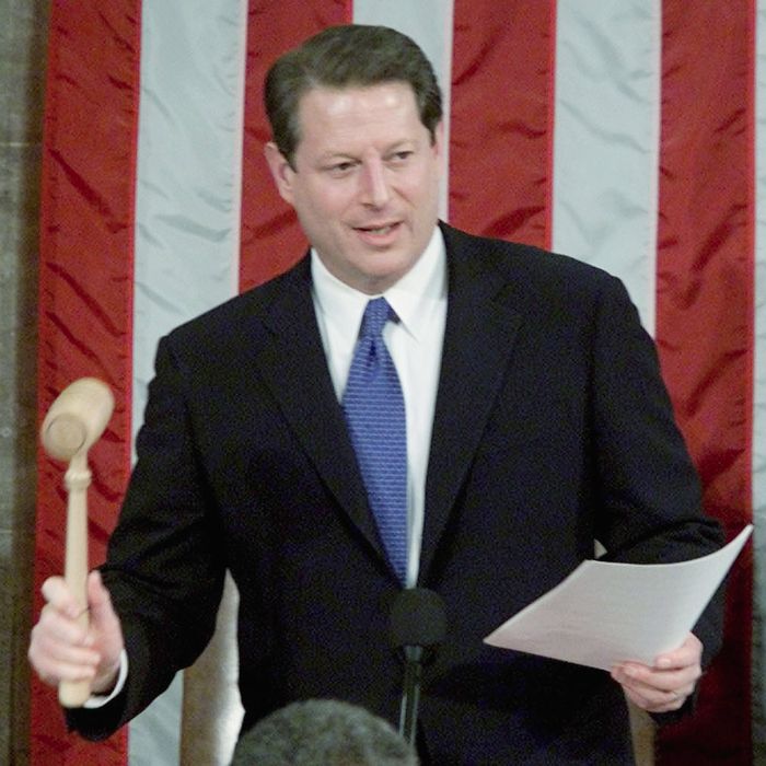 U.S. Vice President Al Gore closes the Joint Session of Congress for the counting of electoral votes after reading the results of the November, 2000 U.S. presidential election while in the House of Representative chamber in the U.S. Capitol, January 6, 2001. As president of the Senate, Gore, a Democrat, presided over a joint session of Congress that certified the state-based Electoral College vote, which showed that George W. Bush, a Republican, defeated him by a count of 271-266. At right is House Speaker Dennis Hastert.