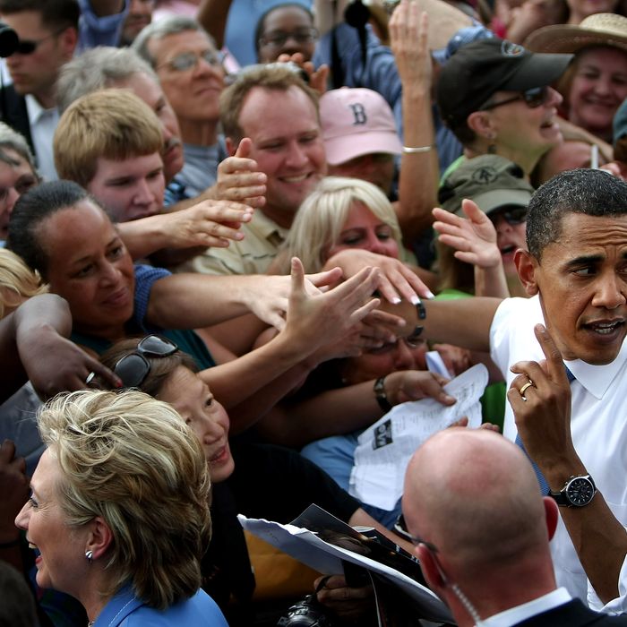 Democratic presidential candidate Sen. Barack Obama (D-IL) greets the crowd after appearing with Sen. Hillary Rodham Clinton (D-NY) June 27, 2008 in Unity, New Hampshire.