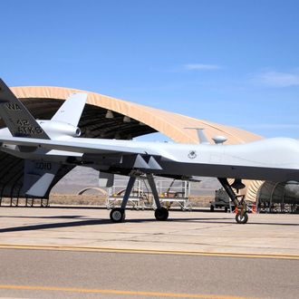 The MQ-9 Reaper Unmanned Aerial Vehicle taxis into Creech Air Force Base, Nev., March 13 marking the first operational airframe of its kind to land here. This Reaper is the first of many soon to be assigned to the 42nd Attack Squadron.