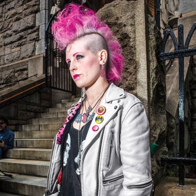 Hairstylist
“I’m the vocalist in a glam-punk band called Annie Activator. We’re really influenced by early Blondie and the Runaways. I’ve had the mohawk pink for about four years now; my friend calls it the punk-rock ponyhawk, like I’m a My Little Pony. Little kids stop me on the street.”