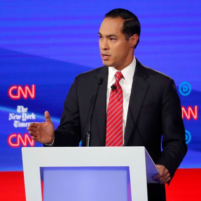 Democratic presidential candidate former Housing Secretary Julian Castro speaks in a Democratic presidential primary debate.