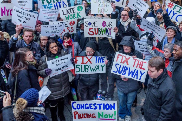 A rally in Midtown in support of congestion pricing in 2018