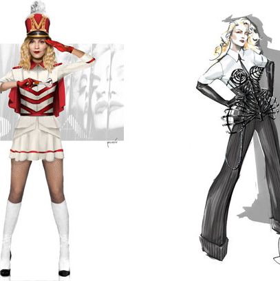Renderings of two of Madonna's tour costumes, courtesy of WWD.