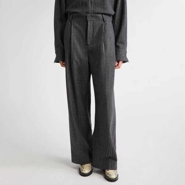 Teurn Studios Connie Relaxed Fit Pinstripe Pleated Virgin Wool Blend Trousers