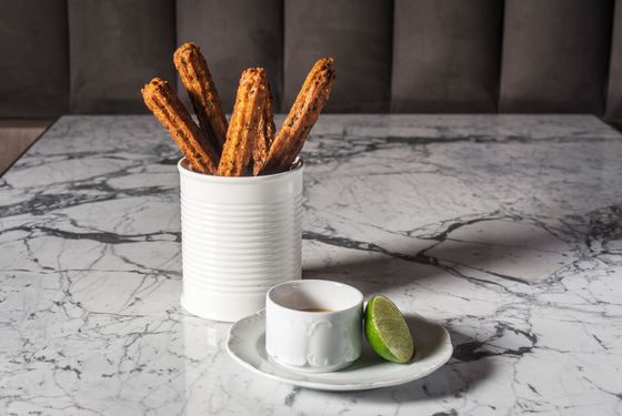 Shrimp churros with sesame and Thai coconut curry.