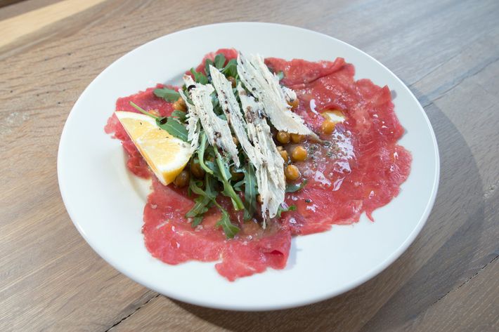 Carpaccio with fried chickpeas, arugula, and aged balsamic.