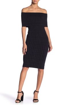 The model is wearing Wolford vertical striped off-the-shoulder knee-length sheath dress with black ankle strapped block heeled sandals. 33 Things on Sale You’ll Actually Want to Buy: From Adidas to Le Creuset - The Strategist