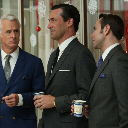 Roger Sterling (John Slattery), Don Draper (Jon Hamm) and Pete Campbell (Vincent Kartheiser) - Mad Men - Season 6, Episode 1 - Photo Credit: Michael Yarish/AMC