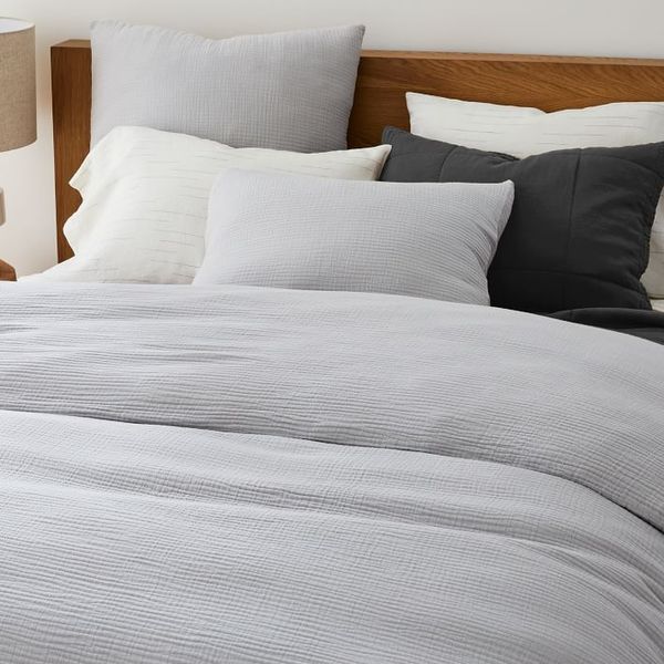 West Elm Dreamy Gauze Cotton Duvet Cover & Shams - Frost Gray, Full/Queen + 2 Standard Shams