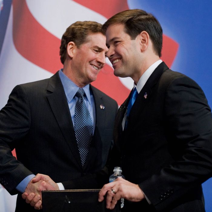 Senate Candidate Marco Rubio, right, and Sen. Jim DeMint, R-S.C., shake hands after Rubio addressed the Conservative Political Action Conference (CPAC) held at the Marriott Wardman Park hotel, Feb. 18, 2010. 
