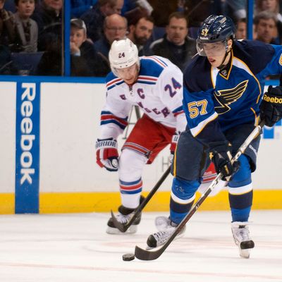 David Perron (57) of the St. Louis Blues breaks loose with the puck during the NHL regular season game between The New York Rangers vs The St. Louis Blues at Scott Trade Center in St. Louis MO. (Cal Sport Media via AP Images)