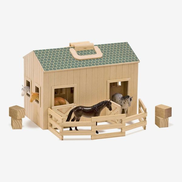 Melissa & Doug Fold and Go Wooden Horse Stable Dollhouse with Handle and Toy Horses