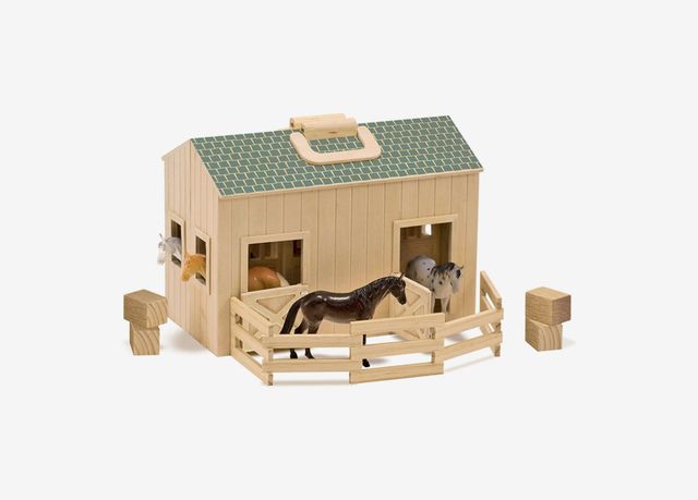 Melissa & Doug Fold and Go Wooden Horse Stable Dollhouse with Handle and Toy Horses