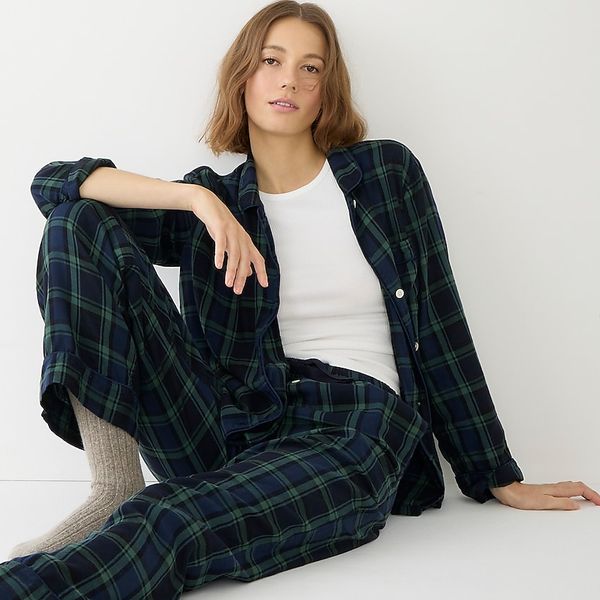 J.Crew Women's Flannel Long-sleeve Pajama Set in Black Watch Tartan