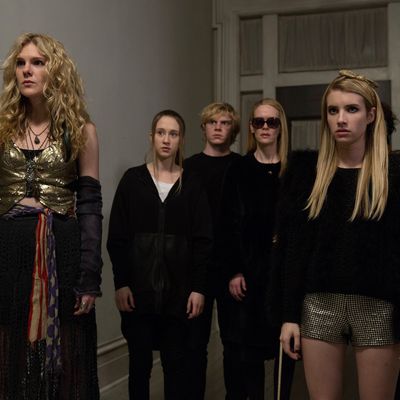 AMERICAN HORROR STORY: COVEN Go to Hell - Episode 312 (Airs Wednesday, January 22, 10:00 PM e/p) --Pictured: (L-R): Lily Rabe as Misty Day, Taissa Farmiga as Zoe, Evan Peters as Kyle, Sarah Paulson as Cordelia, Emma Roberts as Madison -- CR. Michele K. Short/FX