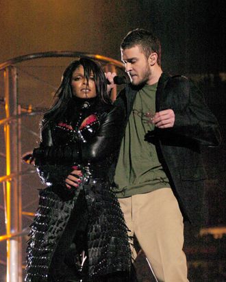 Janet Jackson and Justin Timberlake during The AOL TopSpeed Super Bowl XXXVIII Halftime Show Produced by MTV at Reliant Stadium in Houston, Texas, United States. (Photo by KMazur/WireImage)