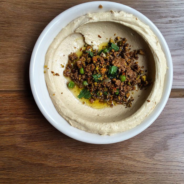 Hummus with Lamb (and pistachios, peas, mint, and cinnamon).