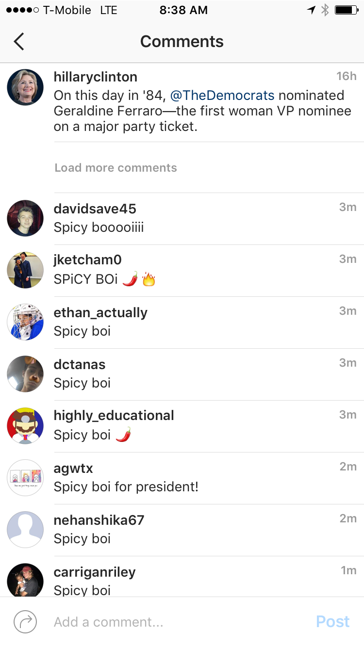 Everyone Is Commenting ‘Spicy Boi’ on Hillary’s Instagram