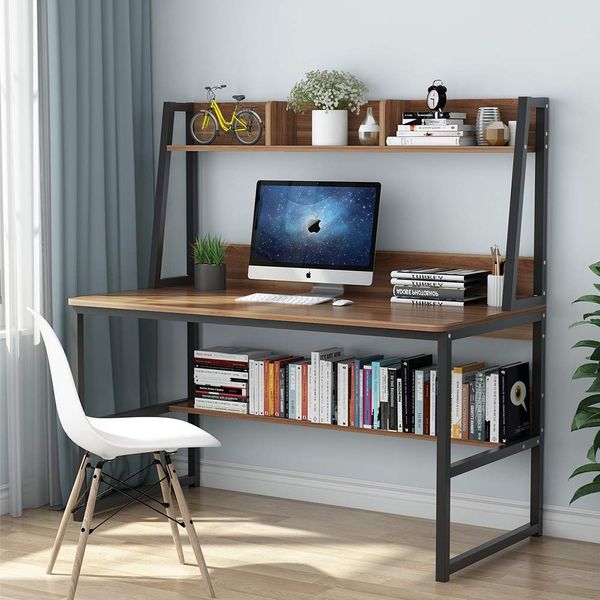 Nathan James Parker Modern Home Office Writing Computer or Laptop Desk with Open Storage Cubby and Small Drawer Walnut