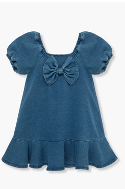 Habitual Kids Bow Puff Sleeve Knit Denim Dress