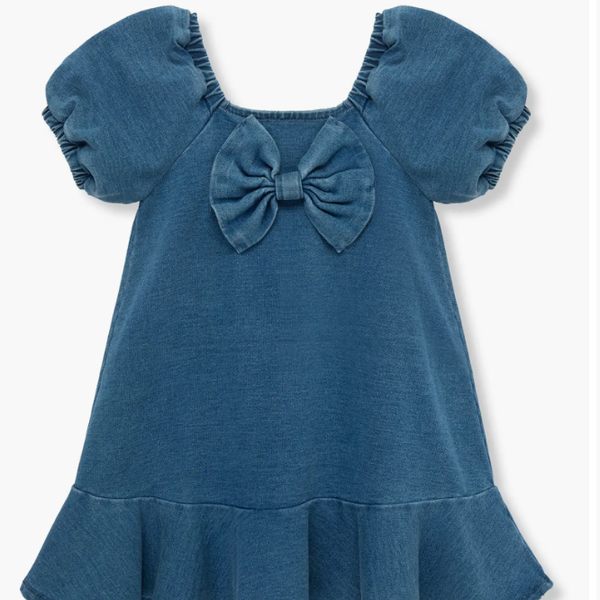 Habitual Kids Bow Puff Sleeve Knit Denim Dress