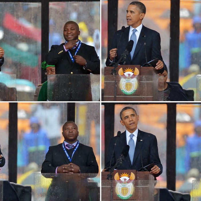In these combination of pictures taken on December 10, 2013 US President Barack Obama delivers a speech next to sign language interpreter Thamsanqa Jantjie (R) during the memorial service for late South African President Nelson Mandela at Soccer City Stadium in Johannesburg. South Africa's deaf community on December 11, 2013 accused the sign language interpreter at Nelson Mandela's memorial of being a fake, who had merely flapped his arms around during speeches. Mandela, the revered icon of the anti-apartheid struggle in South Africa and one of the towering political figures of the 20th century, died in Johannesburg on December 5 at age 95. 