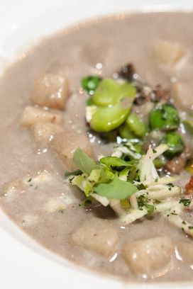 Smoked-oyster soup, apple & celery saldd, fava bean and morel escabeche, brioche crouton (Chef Garces).