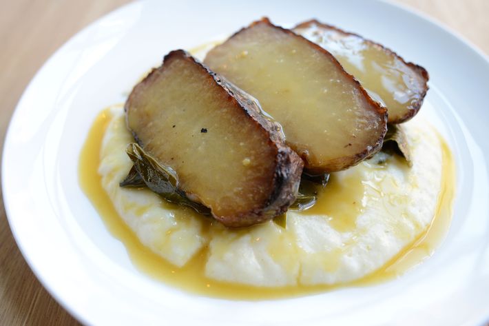 BBQ kohlrabi with grits and mustard greens.