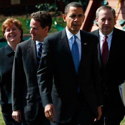 U.S. President Barack Obama walks with (L-R) Chair of the Council of Economic Advisers Christine Romer, U.S. Treasury Secretary Timothy Geithner, and Director of the White House's National Economic Council Lawrence Summers prior to speaking before departing the White House March 18, 2009 in Washington, DC. Obama spoke primarily about the growing pressure resulting from the payout of bonuses at AIG and also expressed continued confidence in Geithner's role as Treasury Secretary. 